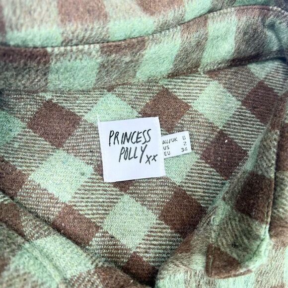Princess Polly Jacket Womens Size 2 Green & Brown Plaid Long-Sleeve Pointed Coll - Picture 8 of 11